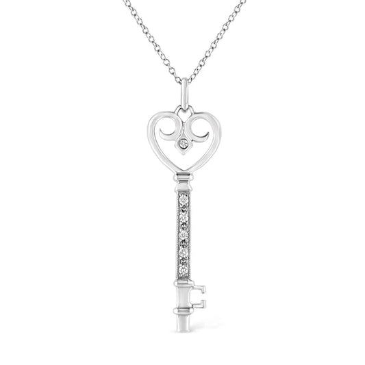 .925 Sterling Silver Pave and Bezel-Set Diamond Accent Key 18" Heart and Lock Pendant Necklace (K-L Color, I1-I2 Clarity)