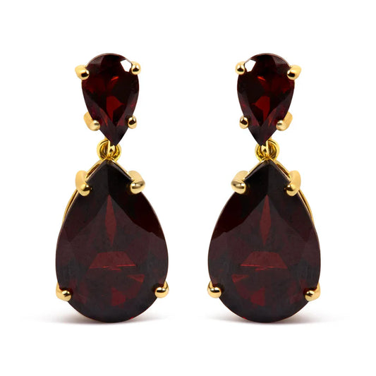 10K Yellow Gold Plated .925 Sterling Silver 14.0 Cttw Pear Shaped Red Garnet Drop and Dangle Earrings